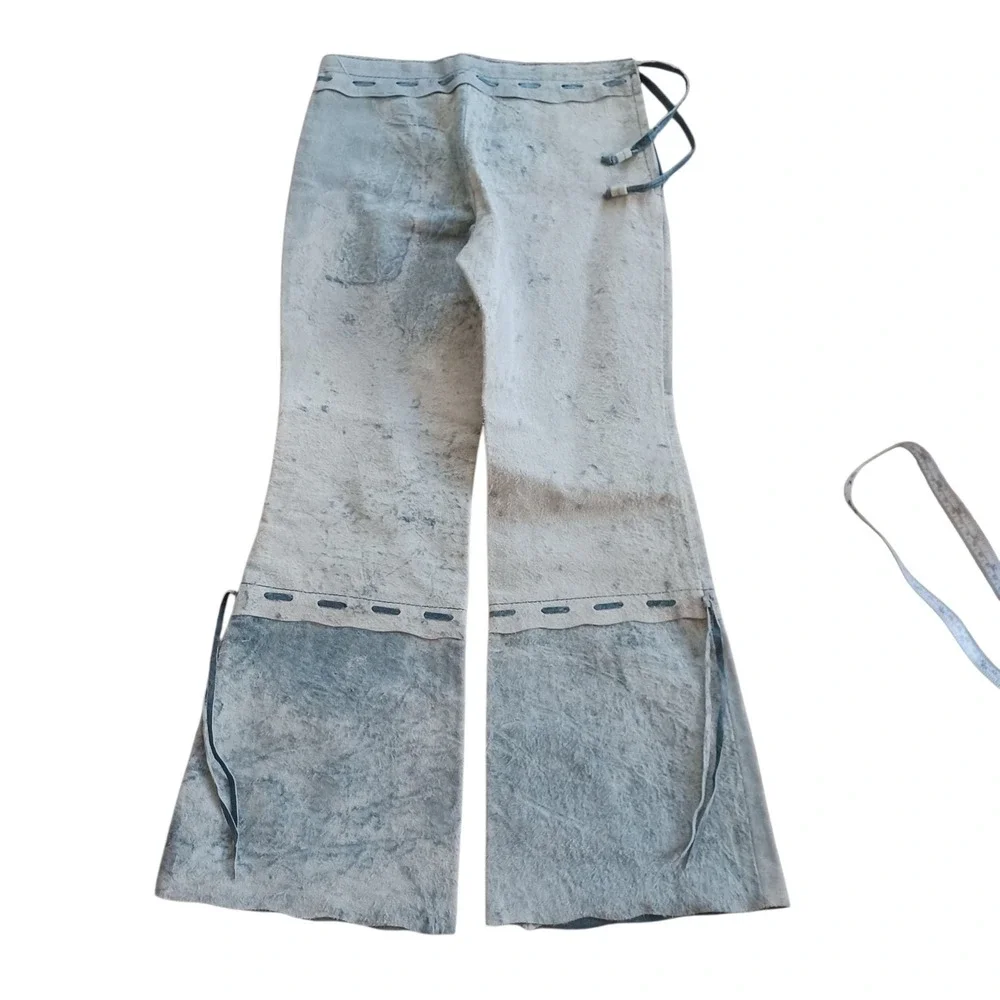 Youth Girls Authentic Suede Leather Blue Dyed Western Rodeo Running Stitch Pants
